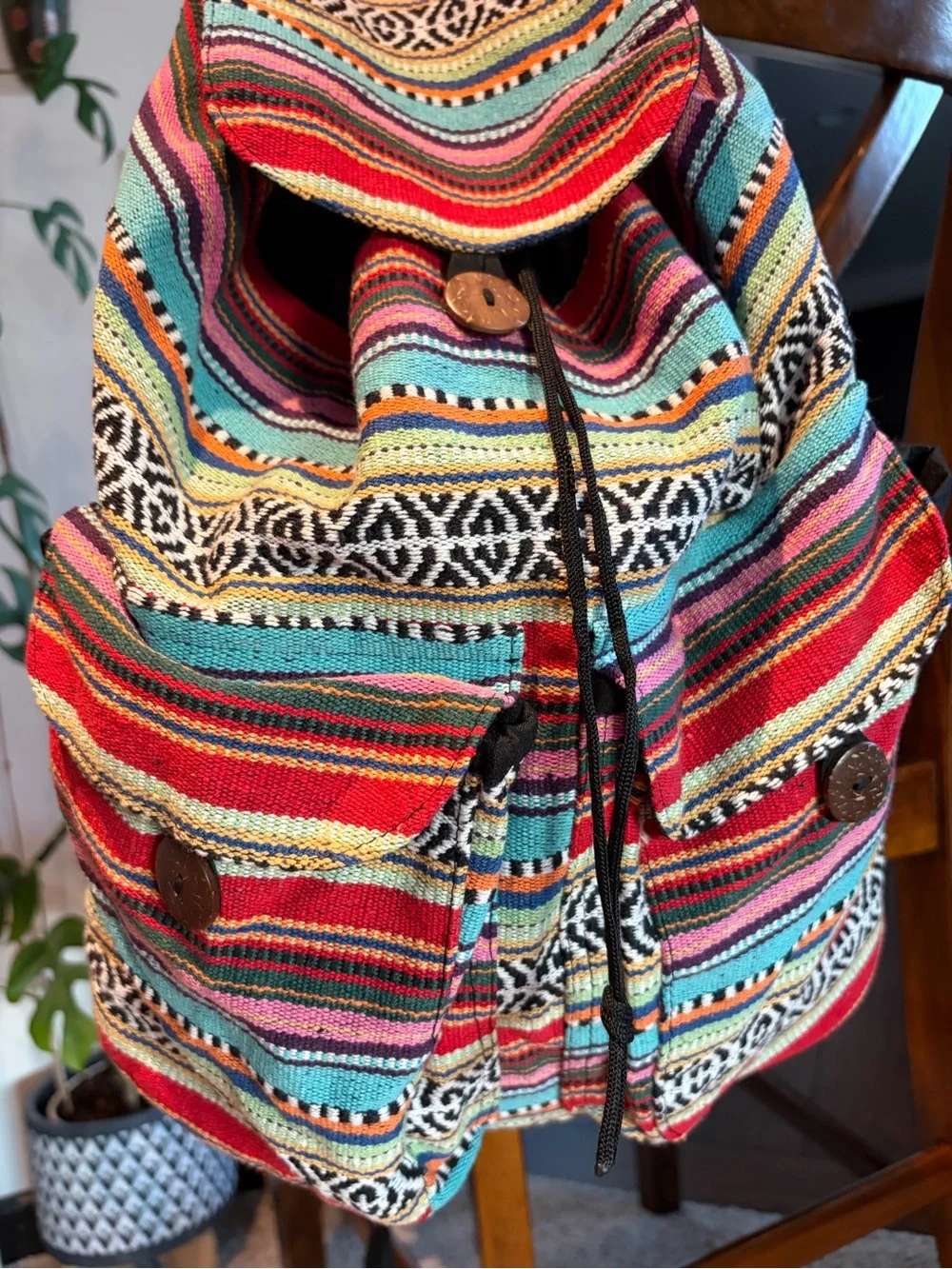 Made in Nepal. Colorful Striped Woven Backpack